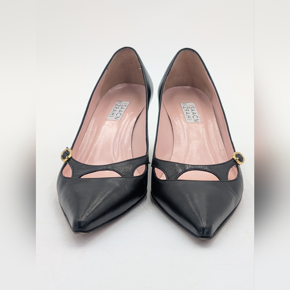 ISAACM MIZRAHI Size 7M Women Genuine Black Leather Heel Gold Buckle Pointed Toe - Picture 12 of 17